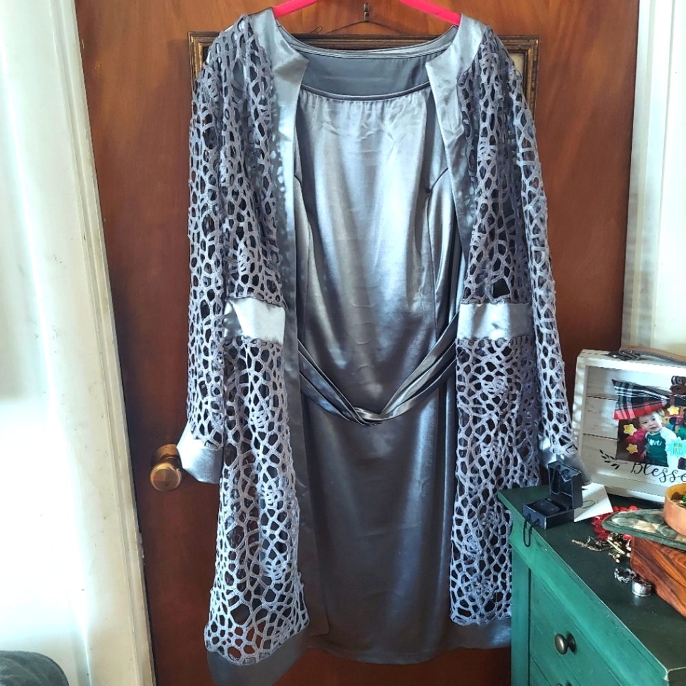 2 piece silver jacket with a silver party dress